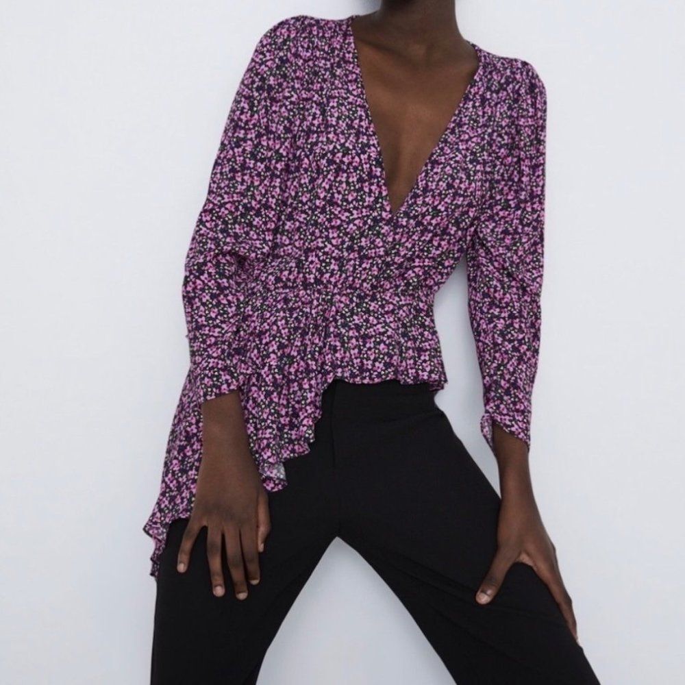 Zara Floral Print Faux Wrap Long Sleeve Peplum Top Size Small Asymmetrical Hem